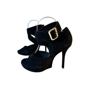 Yves Saint Laurent YSL Suede Ankle Buckle Platform Sandals Size 39 / 8.5-9 Black